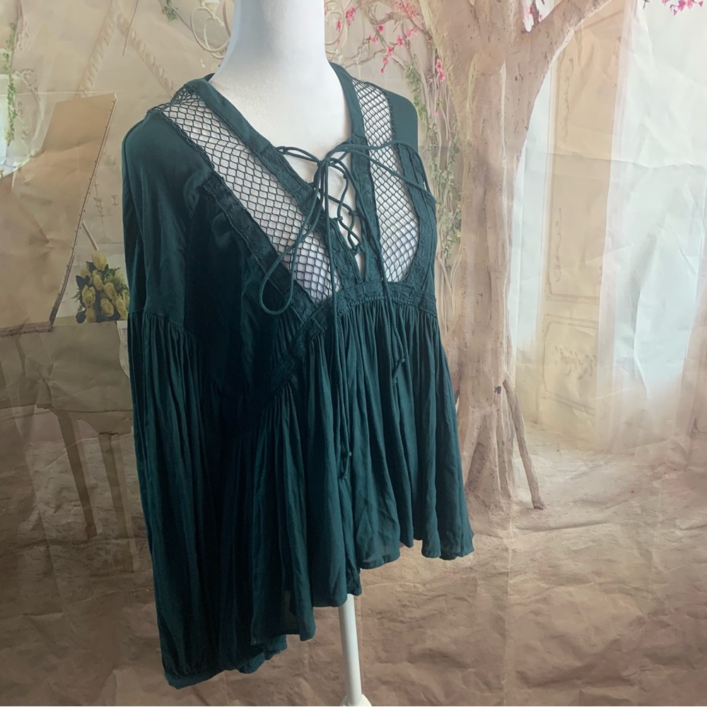 Free People Pebbled Dont Let Go Peasant Top Deep Forest - Picture 7 of 13